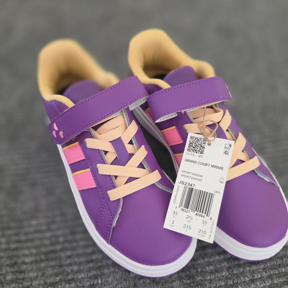 Adidas Disney Minnie Mouse Grand Court Kid's Size 3 Sneakers Purple Yellow Pink